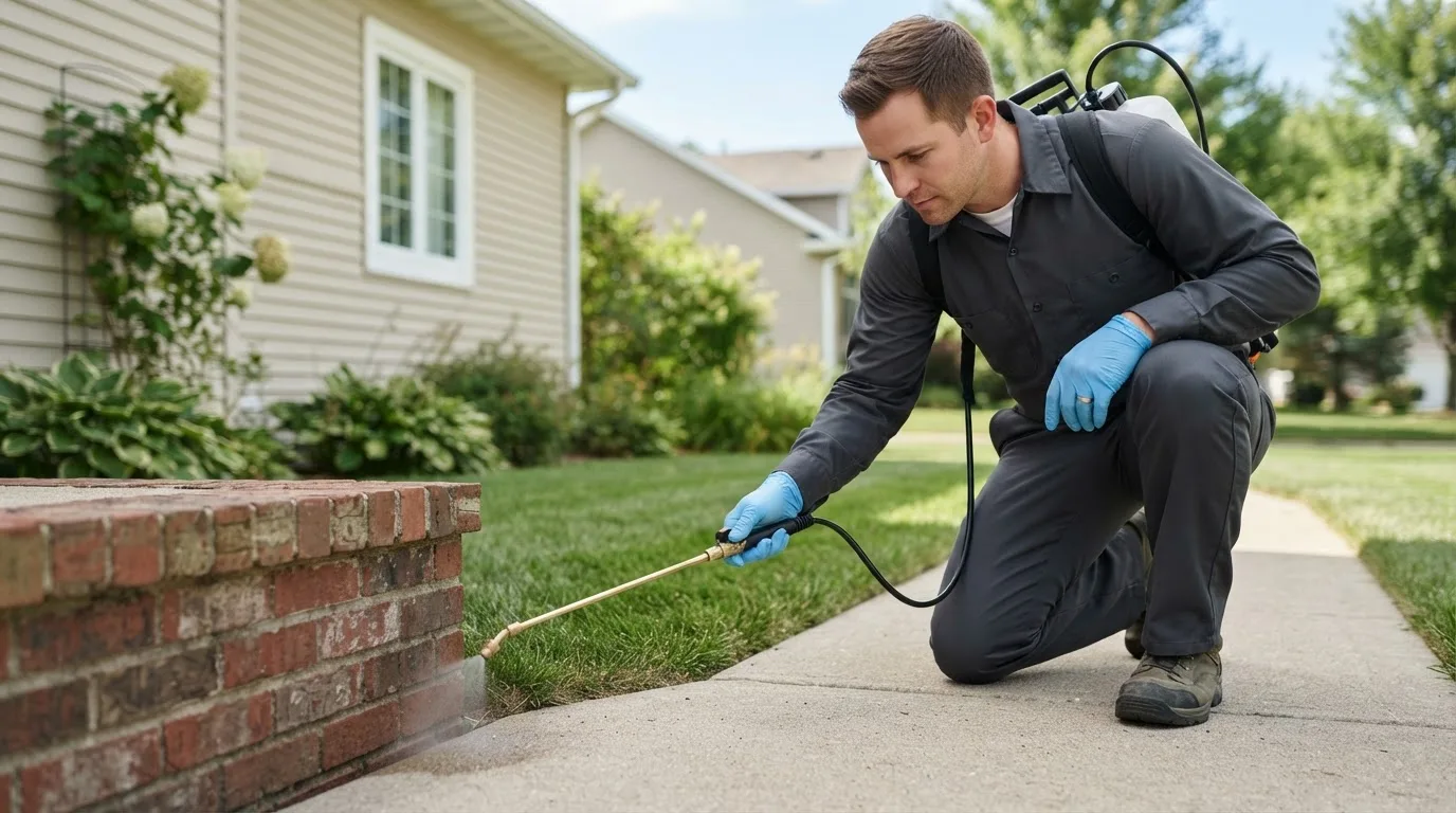 Pest control technician treating a home near Blythe, CA